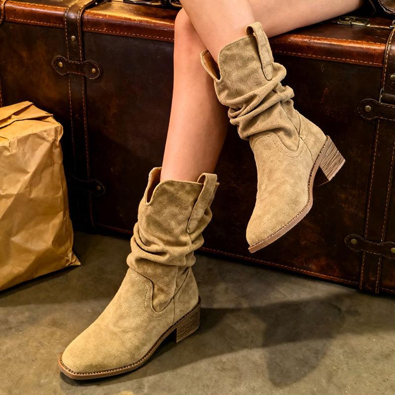 Short Boots Children's Coarse Heel Medium Tube Pile Boots Women's New Autumn Merad Western Cowboy Martin Boots