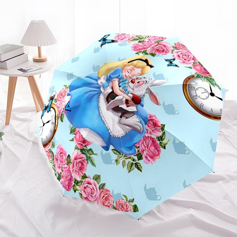 1pc Alice in Wonderland Automatic Opening/Closing Umbrella - Portable 3-Fold Design, 8-Bone Iron Frame Outdoor Umbrella, Perfect Gift for Fa