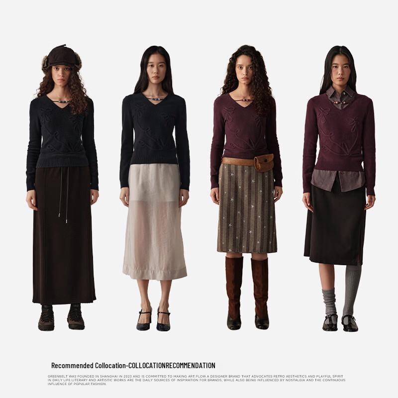 GREEN BELT Women's 100% Wool Beaded V-Neck Sweater