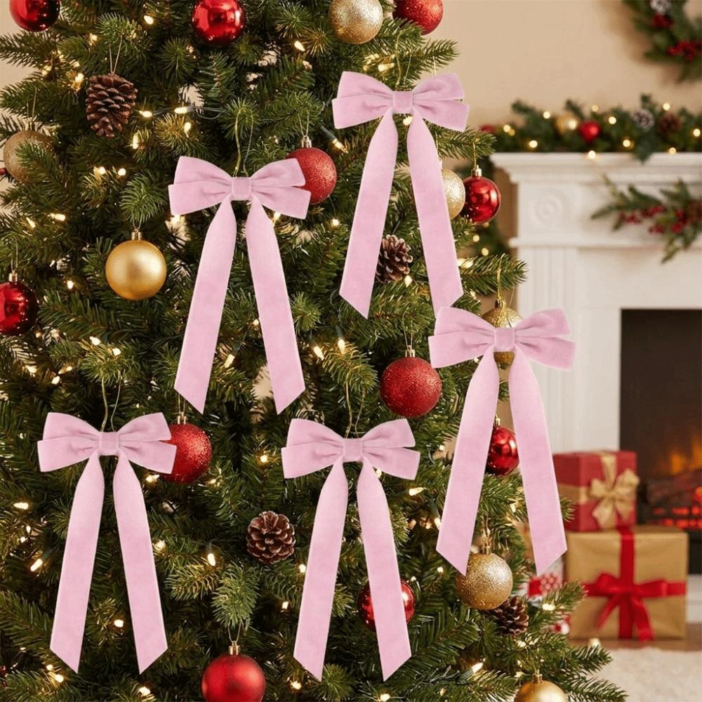 5Pcs Velvet Christmas Bow Ornament Solid Color Xmas Hanging Pendant  Christmas Decor