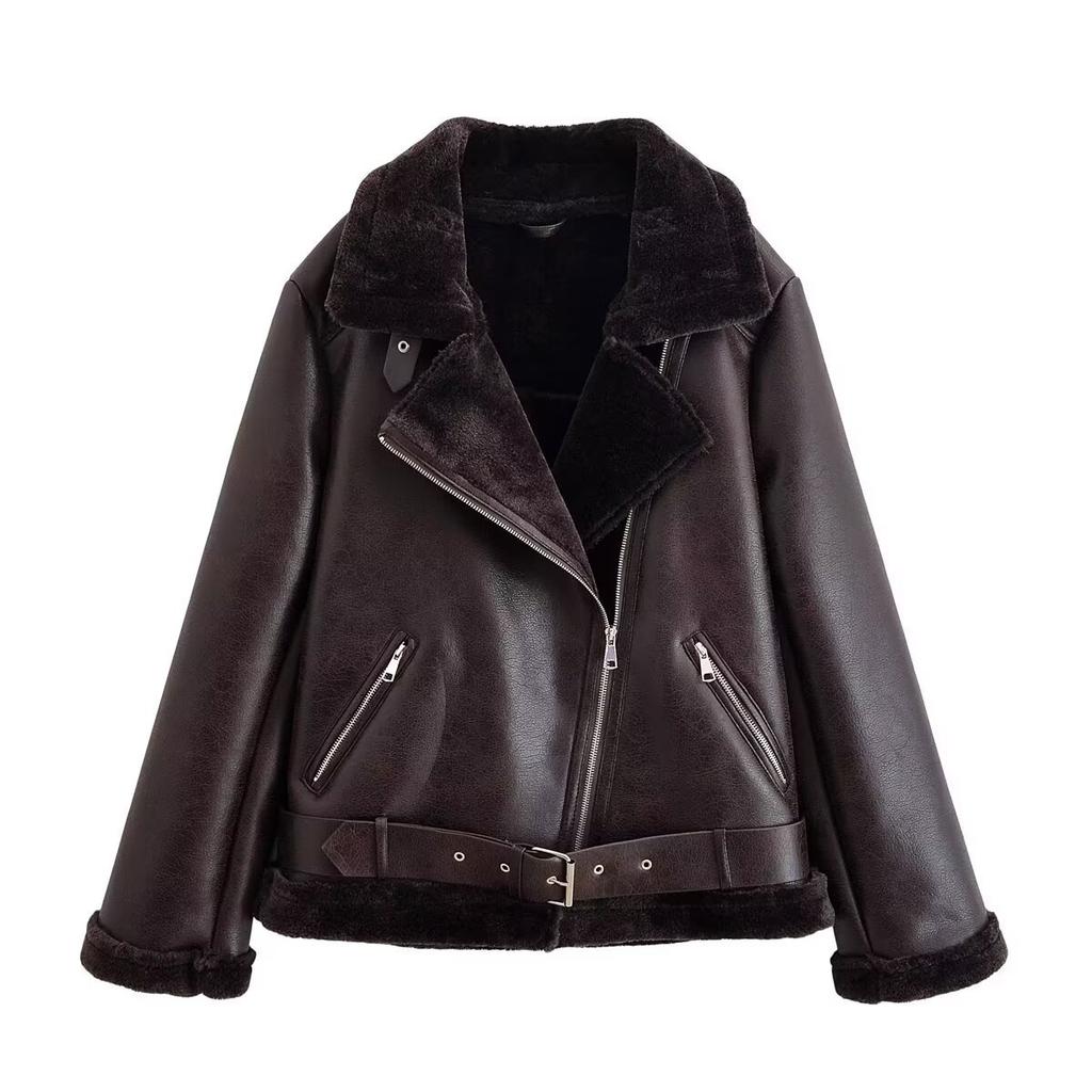 European and American style, new women's clothing, fashionable locomotive fur integrated jacket, two-color leather jacket