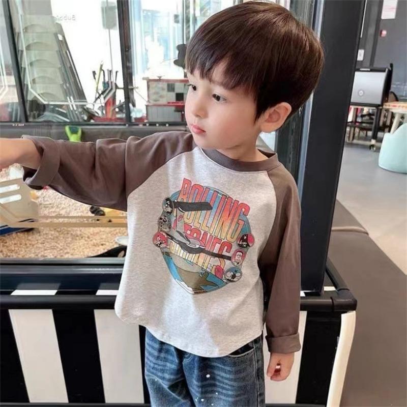 Pure Cotton Color Block Kids Long Sleeve Crew Neck T Shirt For Boys And Girls