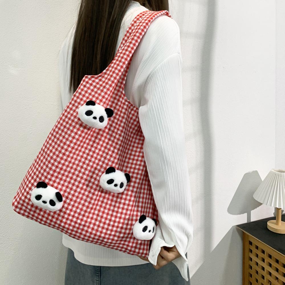 Vacation Canvas Shopping Bag Panda Doll Office Worker Handbag Casual Plaid Shoulder Bags  Outdoor