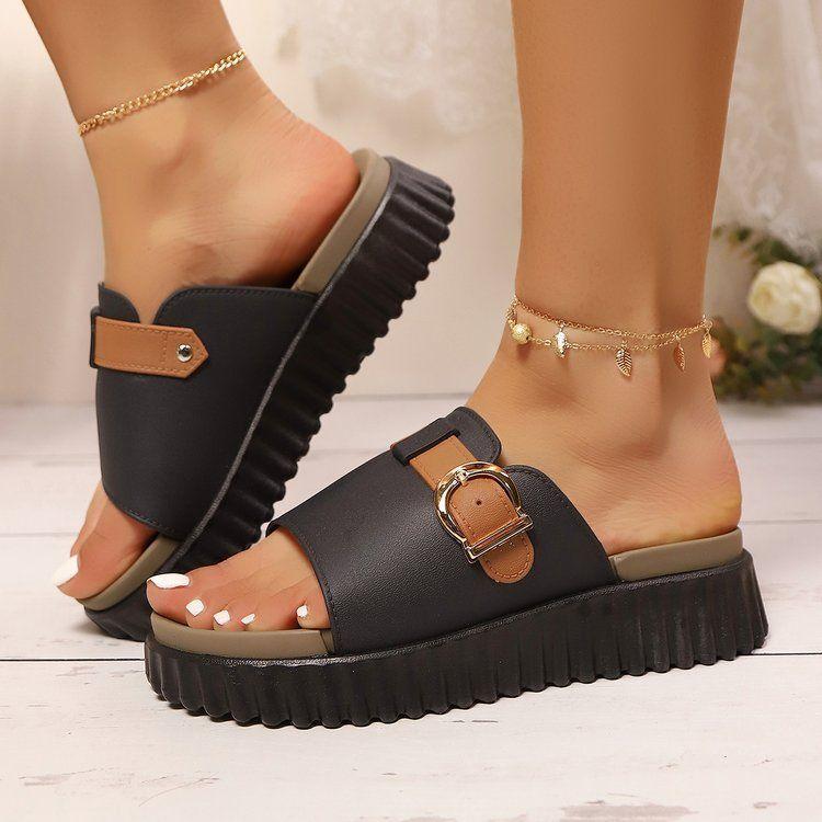 Non-slip fashion large size slippers versatile women's shoes temperament one-word slippers platform popular sandals 2025 summer and autumn new