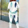 Women Plus Size Beige Green Printed Two Piece Set Round Neck Long Sleeve Top And Fitted Pants