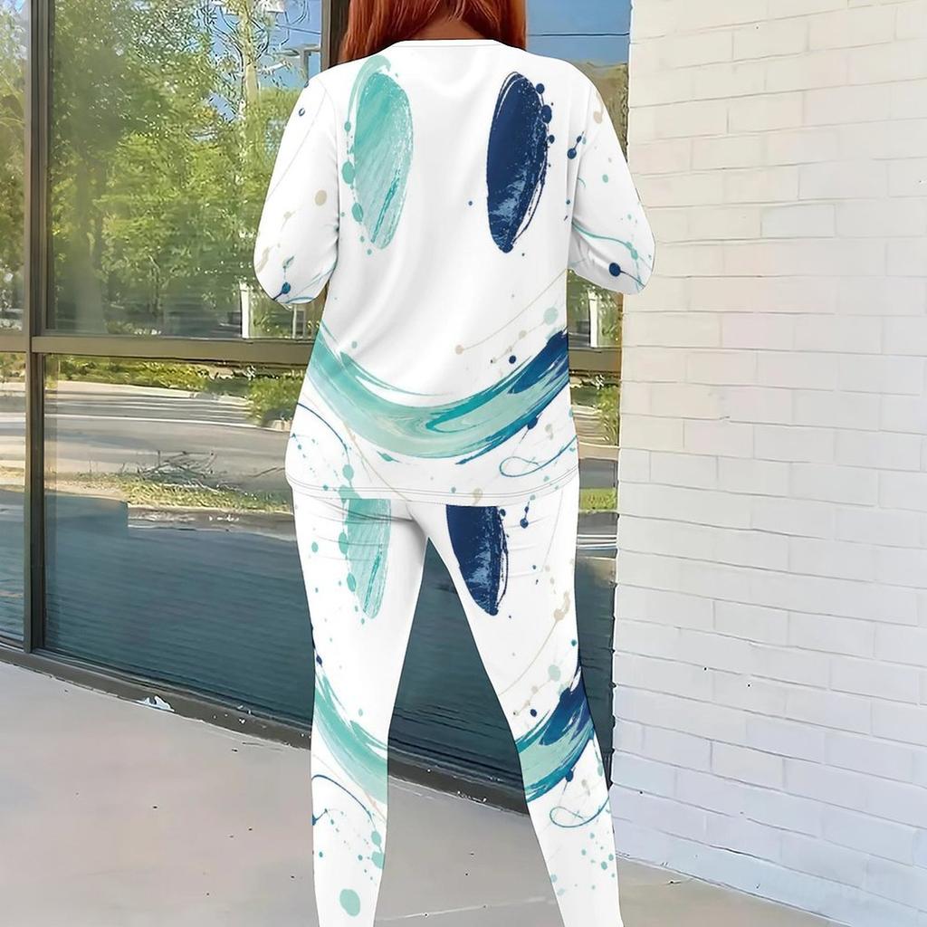 Women Plus Size Beige Green Printed Two Piece Set Round Neck Long Sleeve Top And Fitted Pants