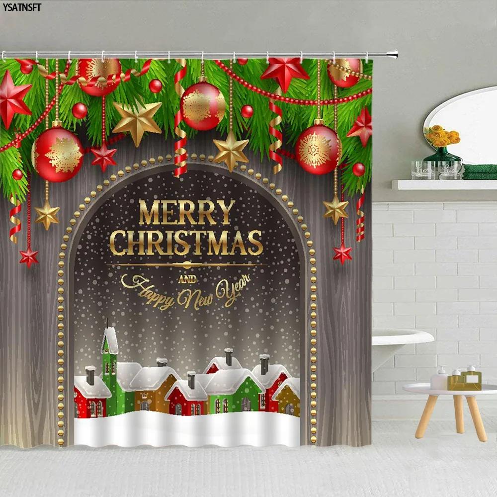 Christmas Shower Curtain Sets Vintage Red Truck Xmas Ball Pine Tree Snowman Winter New Year Gift Bathroom Decor Bath Curtains