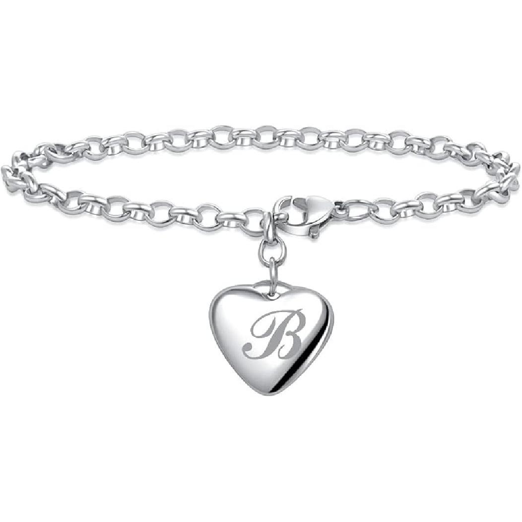 Women A to Z Initial Letter Charm Bracelets Stainless Steel Alphabet Heart 26 Letters Link Bracelet for Mens Birthday Gifts B