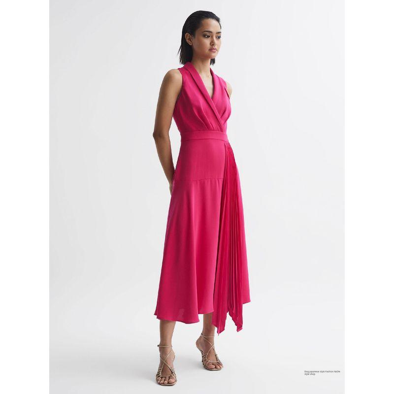 

New Arrival British Pure Yuan Elegance Elegance Sleeveless Patchwork Mid-Length Pleated Design Dress Women Red UK4