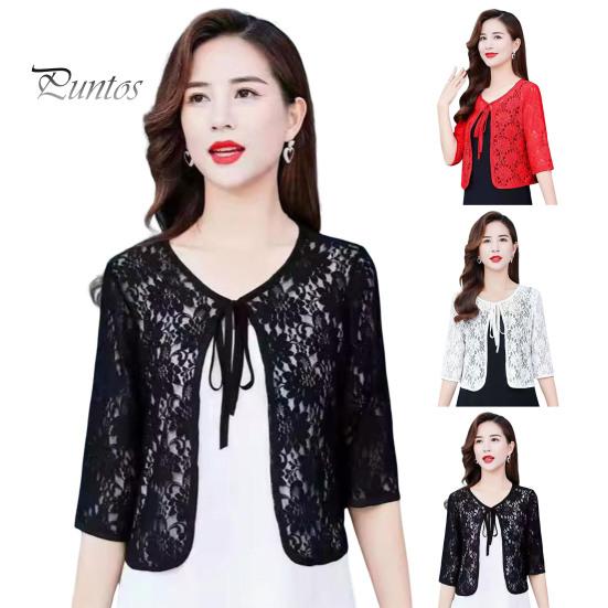 Women Fall Spring Coat Lace-up Floral Embroidery Solid Color Shawl Three Quarter Sleeves Loose Hollow Out Lace Round Neck Short Type Sun Protection