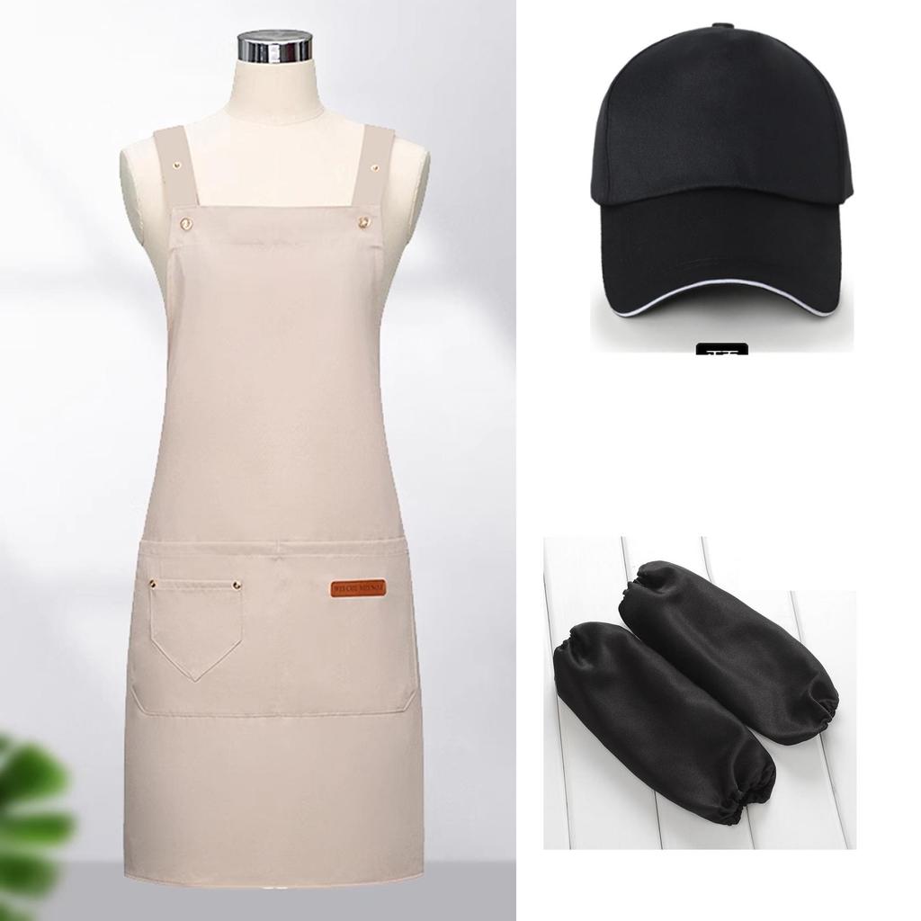 Waterproof Catering Apron Set: Logo-Print Apron, Oil-Proof Sleeves, Hat for Milk Tea and Coffee