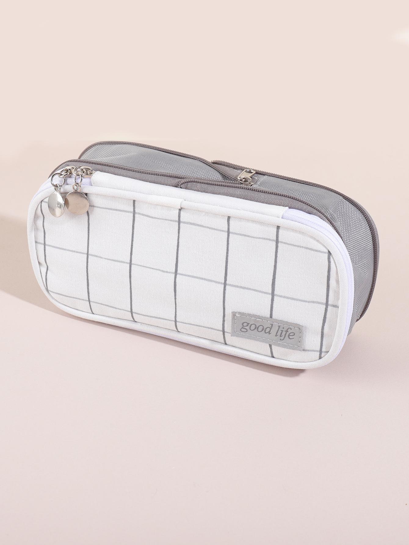 

Creative color-block style design pencil case, checkered pattern decorated stationery storage bag, fashion portable pencil case