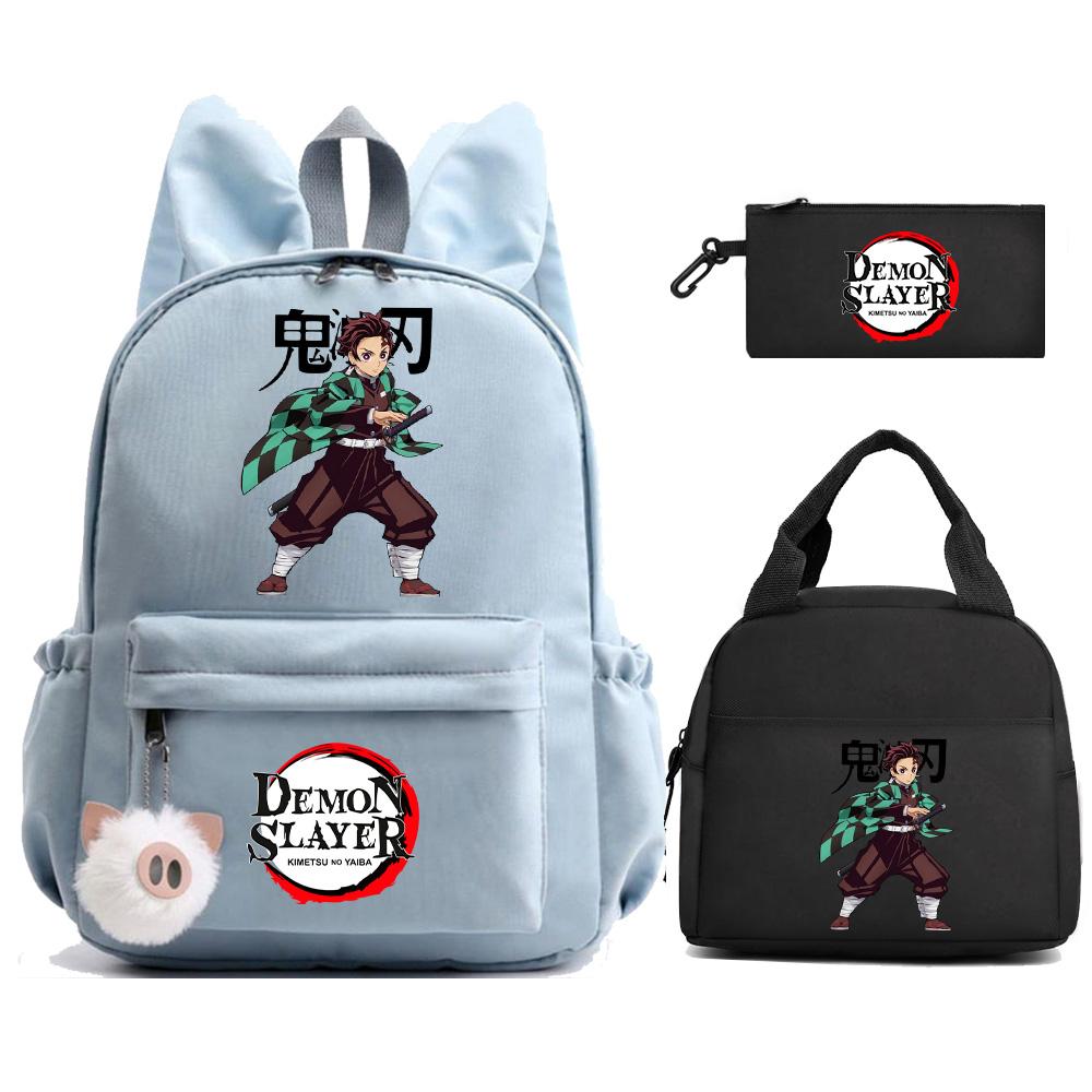 3 st/set Anime Demon Slayer Tryckt Ryggsäck Matlåda Pennfodral för Barn Elev Skolväska Dam Stor Kapacitet Vattentät Resväska Gåva