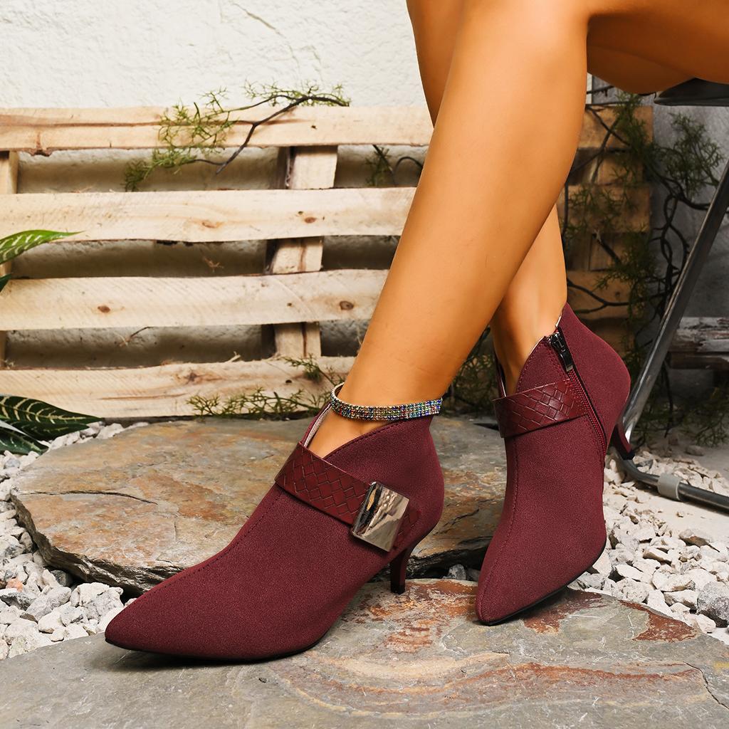 Fashion Hot Seller Fashion Metal Belt Buckle Decoration Ankle Boots Women Autumn Sexy Pointed Toe High Heel Boots Suede Side Zip Booties