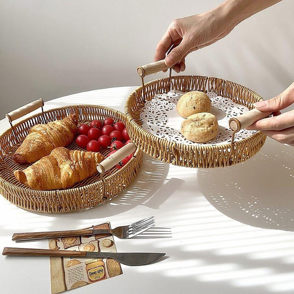 1Pcs Breakfast Bread Food Storage Tray Round Shape Plastic Rattan Threads Basket