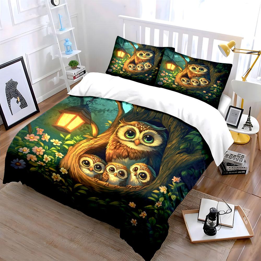 Cute Owl Family Decorative Set Bedding Set With 1 Duvet Cover 2 Pillowcases Single Double King Queen, Gift