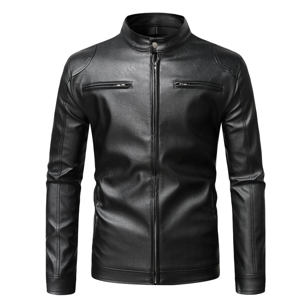 High quality thick fabric spring warm zipper cardigan pocket decorative PU leather jacket stand-up collar slim leather jacket