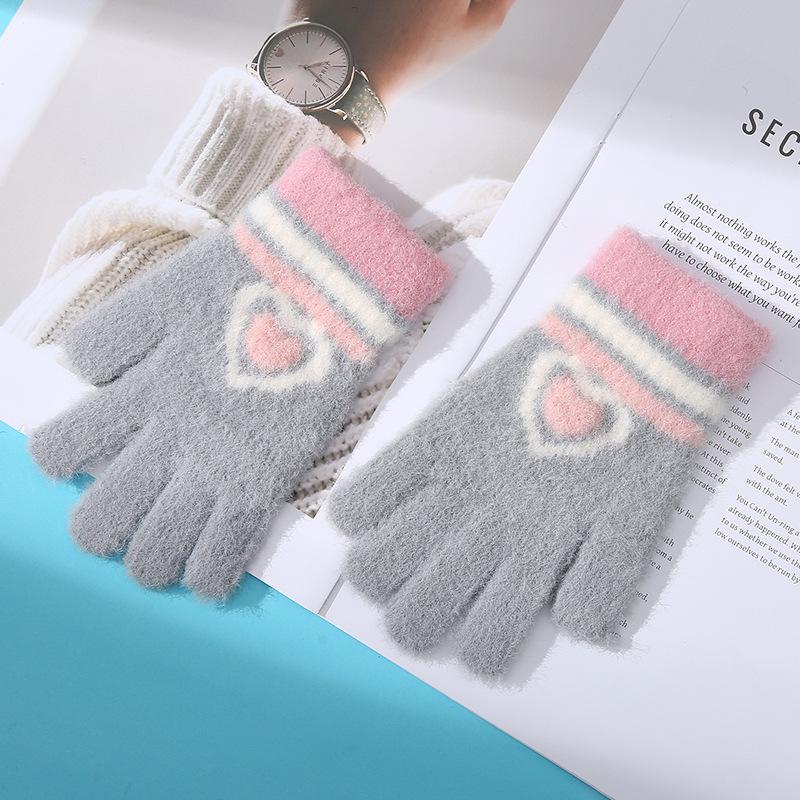 Neue Liebe Gestreiftes Mädchen Warme Handschuhe Winter Kältefest und Verdickt Kinder Gestrickt Fahrrad Spielen Schnee Schreiben Fünf Finger
