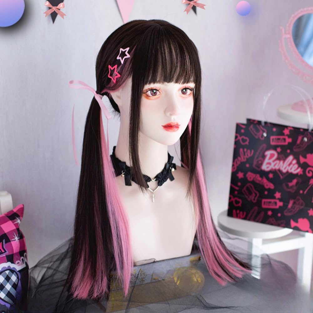 Full Perfect for Everyday Smaller Harajuku Princess with Wig and Events Long, Straight, Black, Pink, Dyed, Wig, Use, Women, Face, Natural, Cosplay,