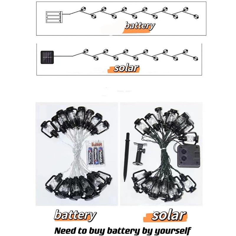 5M-12M Solar Camping Lantern String Lights Mini Kerosene Lamp 8 Modes For Indoor And Outdoor Garden Holiday Decoration Battery Power 2M/3M/5M