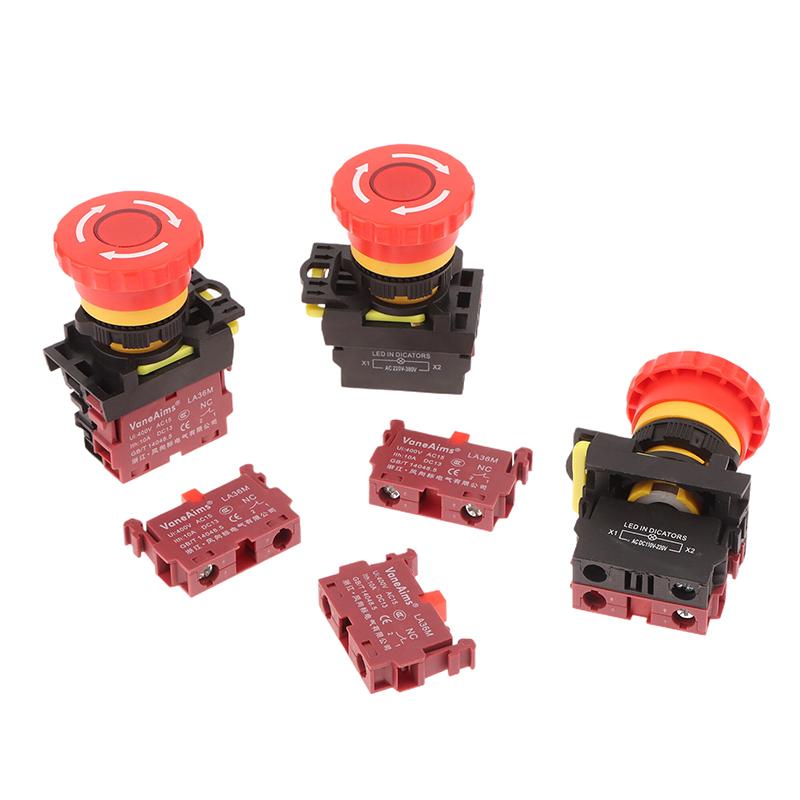 22Mm La36M Emergency Stop Button Switch E-Stop Plastic Mushroom Push Button Switches On Off With Led Light 12V-24V 110V 220-380V