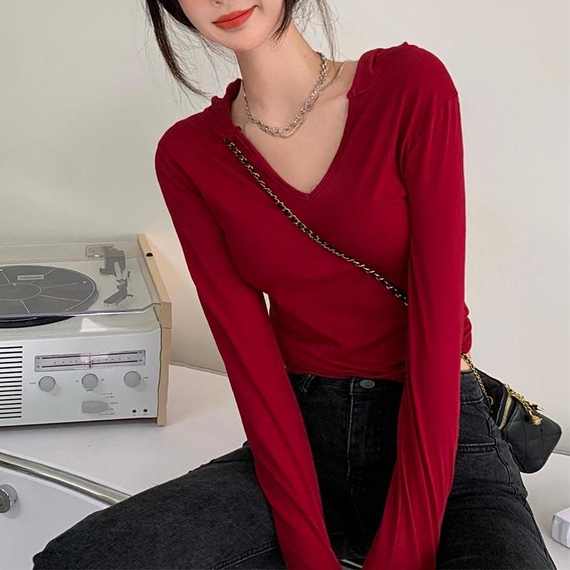 Spring and Autumn Women's Hooded V-Neck Spice Girls Sexy Top Long Sleeve Blouse