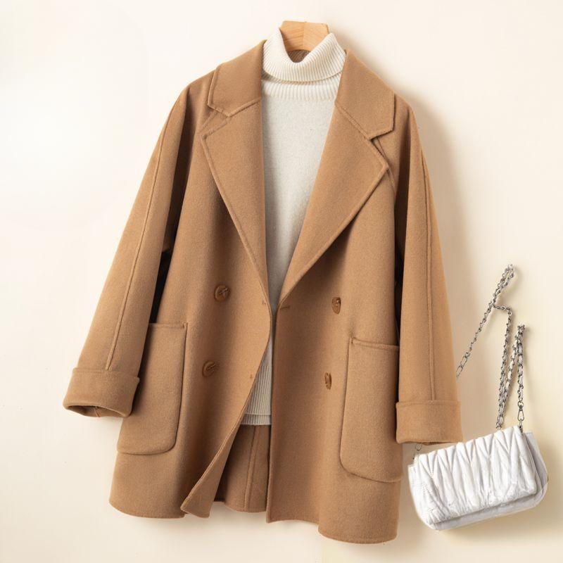 

Двустороннее кашемировое пальто женское средней длины свободное двубортное пальто большого размера из чистой шерсти L верблюд