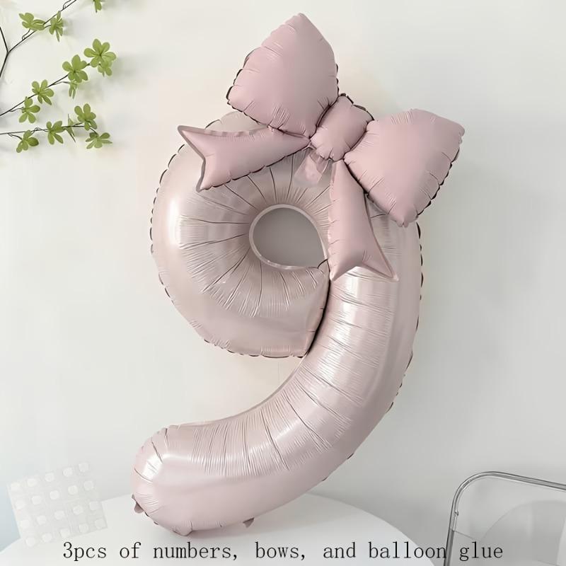 Complete Party Decor Set 3pcs - Light Pink Number Balloon, Bow & Stickers for Birthday, Anniversary & Festival Backdrop