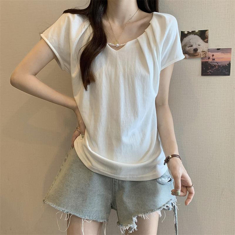 Design Sense Pleated V-neck Short Sleeved T-shirt for Women In Summer Korean Version Slim Fit and Slimming Top for Women