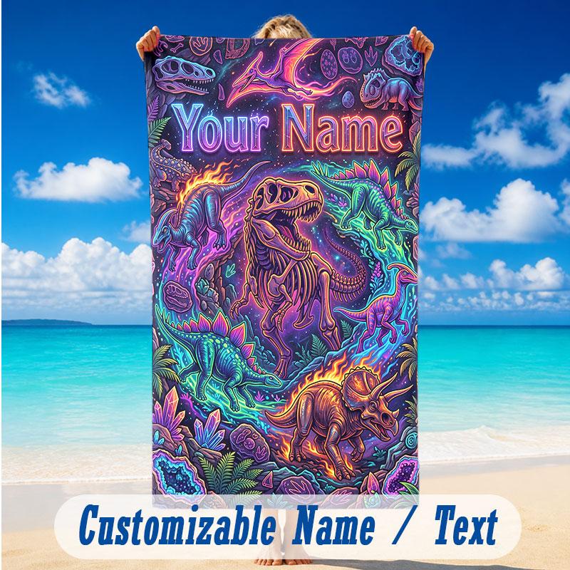 Dinosaur Theme Beach Towel Personalized Custom Name & Text Soft Quick Dry Beach Towel for Swimming Travel