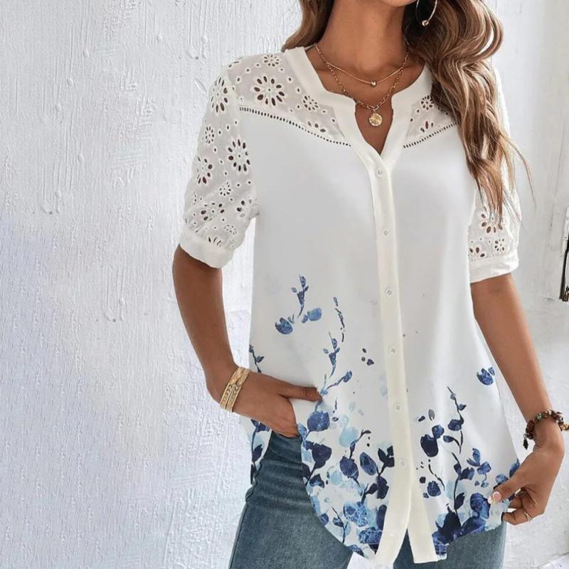 2023 Women's Fashion Button-Down Short Sleeve Shirt with Turn-Down Collar