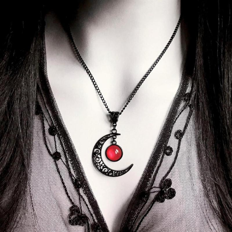 Rrdaily Gothic Moon Crystal Necklace Punk Style Moon Pendant  Crescent Necklace Dark Gothic Necklaces Costume Jewelry New Year Jewelry for Women
