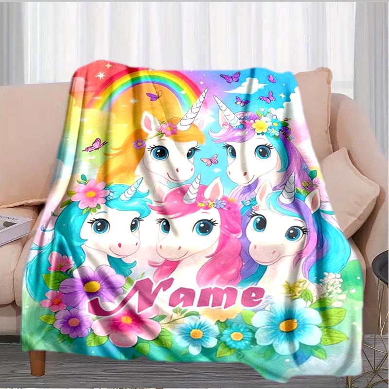 1PC Custom Name Rainbow Unicorns Fantasy flannel blanket versatile, all-season throw suitable for the living room, bedroom, camping, travel, and gift