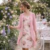 Women's O Neck Floral Print Midi Dress Two Piece Three Quarter Sleeve Chiffon Cardigan Loose Fit Casual Summer Outfit Set