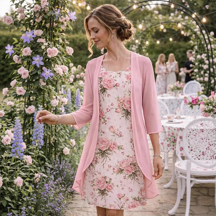 Women's O Neck Floral Print Midi Dress Two Piece Three Quarter Sleeve Chiffon Cardigan Loose Fit Casual Summer Outfit Set