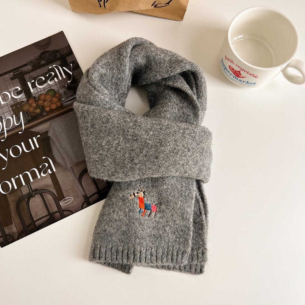 Autumn Knitted Pony Cute Wool Scarf for Women Thickened and Warm Korean Style Scarf Versatile Pony Embroidered Small Scarf