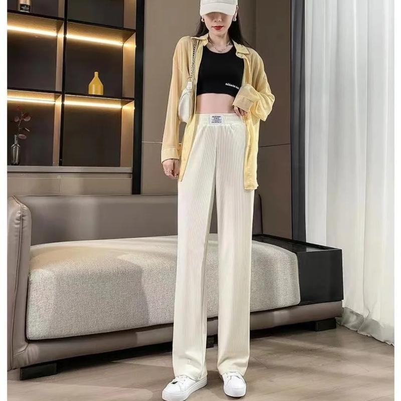 Women's Ice Silk Summer Thin High Waist Drape Loose Straight Leg Slimming Floor-Length Casual Pants Korean Sle