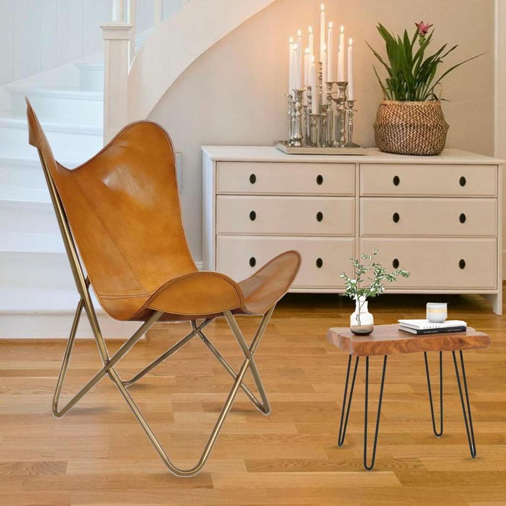 Recliner Folding Tan Brown Leather Butterfly Chair - Comfortable Arm Rest Relaxing Butterfly Chair - with Golden Powder Coated Iron Stand