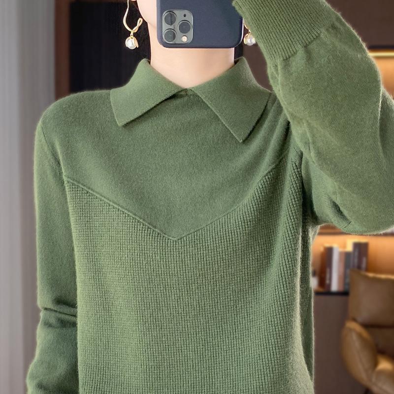 

Осенний женский топ с кукольным воротником, вязаный базовый свитер, женский свитер с лацканами, топ с длинным рукавом, женский осенний базовый свитер, осень M сосна зеленый