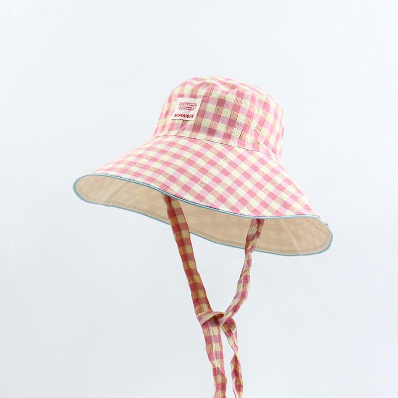Double-sided Wear Summer Outdoor Sun Hat Travel Lace-up Plaid Bucket Hat Women's Large Brim Foldable Sunshade Basin Hat