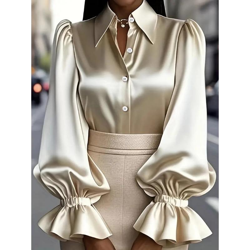 New Elegant Commuter Puff Long Sleeve Lapel Satin Womens Shirt Casual Loose Office Blouse New Lapel Simple Fashion Solid Color Tops