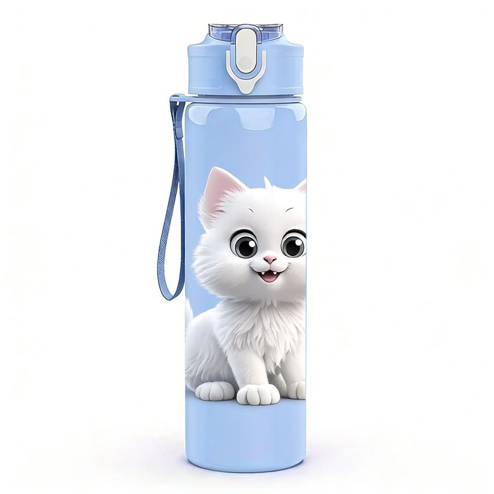 1PC Fluffy White Kitten Cat Cute Print 750ml Color Plastic Sports Water Bottle Leakproof Flip Straw Lid Suitable for Sports Office Home Use