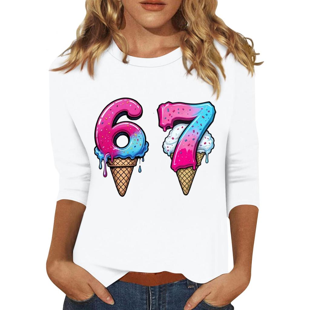 Women's Fashionable Casual Three-Quarter Sleeve Printed Neck T-Shirt Top