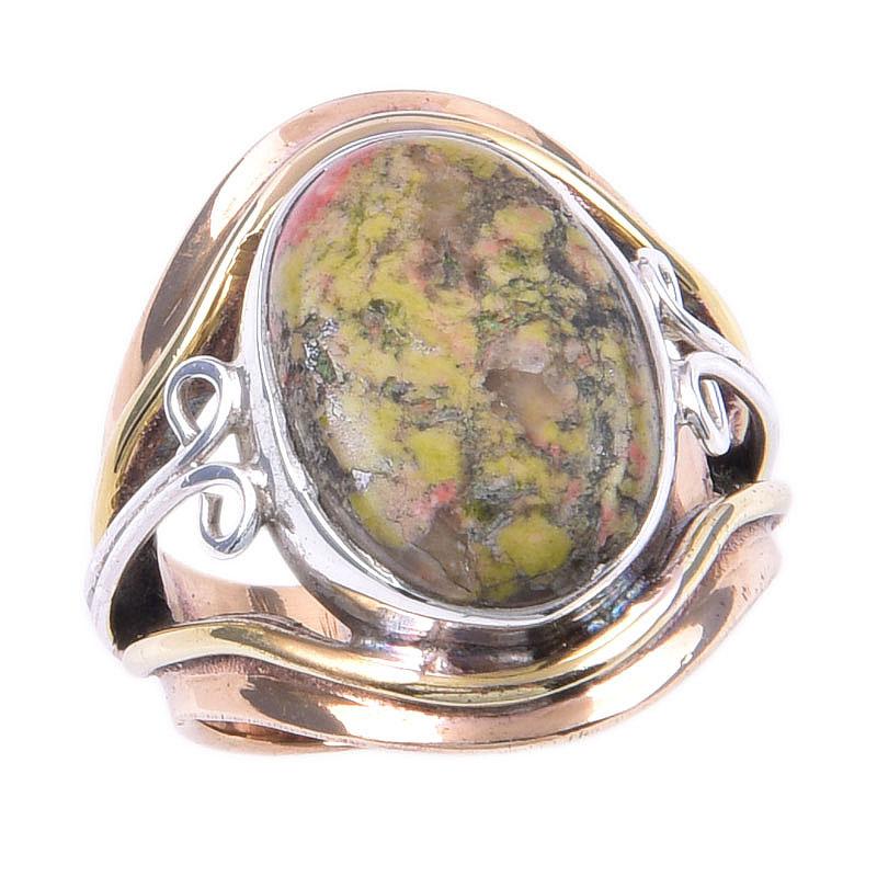 Natural Unakite Gemstone Handmade 925 Sterling Silver Two Tone Ring Size 5 k4d62
