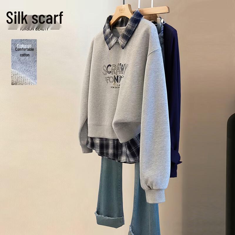 Sibaishe Women s Lapel Fake Two-Piece Pullover Sweatshirt One Size