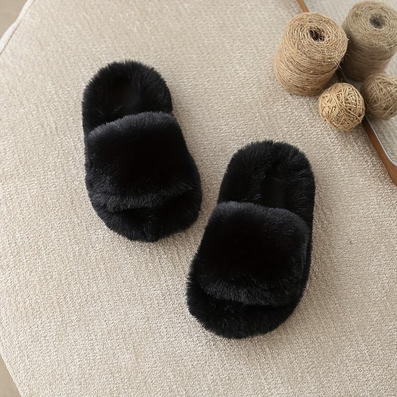 Youngsters' Fashionable Double Strap Indoor Home Slippers - Soft Fabric Slip-Ons with Plush Faux Fur Sole,Round Toe&Lightweight Design for Youngsters