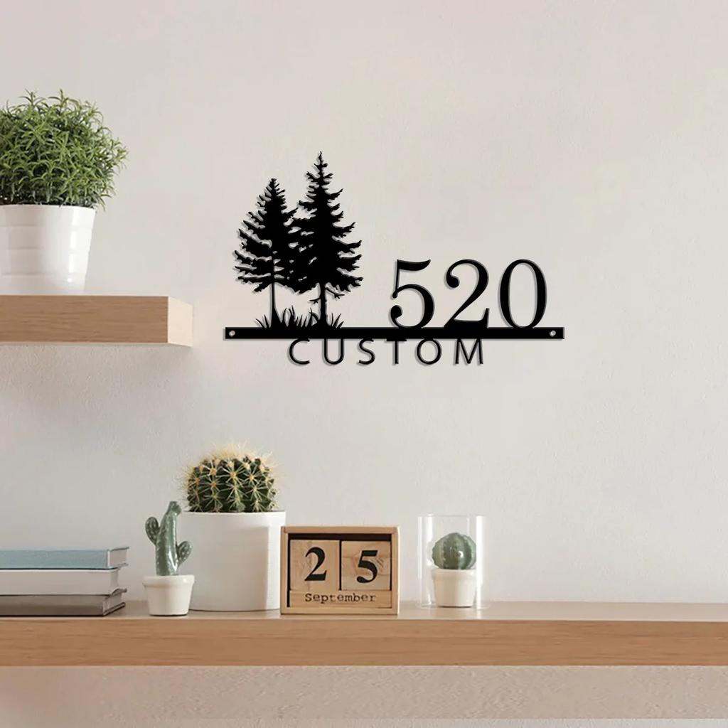 Metal House Number Sign, Personalized Pine Tree Address Plaque, Farmhouse Outdoor Name Plate, Rustic Mailbox Decor