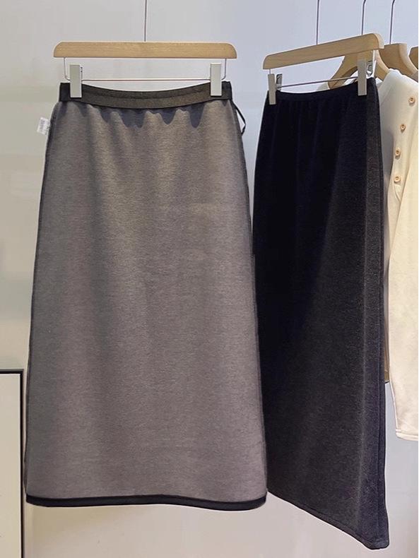 High-End Wool Blend Korean Style A-Line Back Slit Midi Skirt for Women