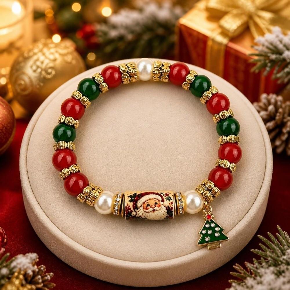 Santa Claus Beaded Bracelet Crystal Pearl Women Bangle Christmas Themed Christmas Bracelet  Girl