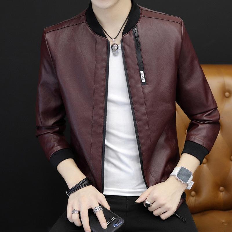 Men's Leather Jacket Men's Spring and Autumn Korean Version Slim Fit Trend Handsome Baseball Collar Locomotive Pu Leather Jacket Men